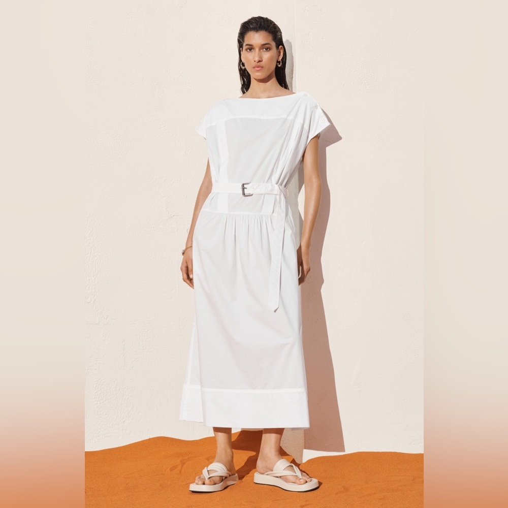 ZARA SRPLS Belted Cotton Boat Neck Short Sleeve Midi Dress Size Small White NEW
